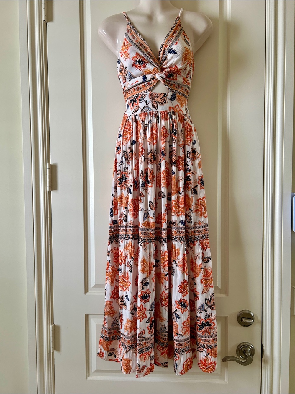 ANGIE Beautiful Bohemian White, Orange And Blue Twist Front Maxi Dress, S, New